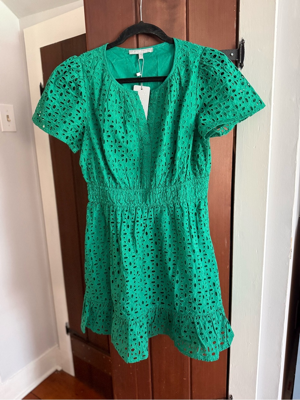 Daniel Rainn Emerald Eyelet Short-Sleeve Mini Dress